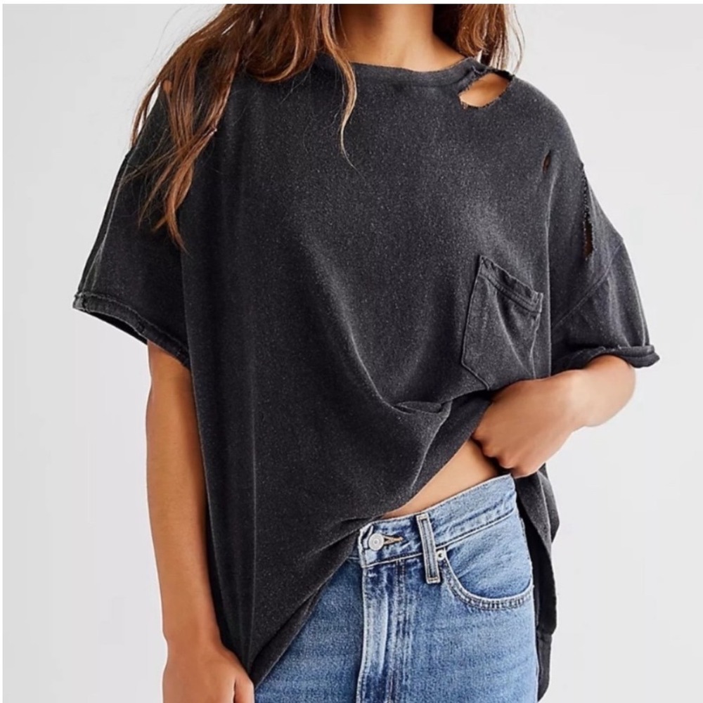 Free People We The Free Rubi Distressed Ripped Pocket Tee XS Gray Grunge Raw